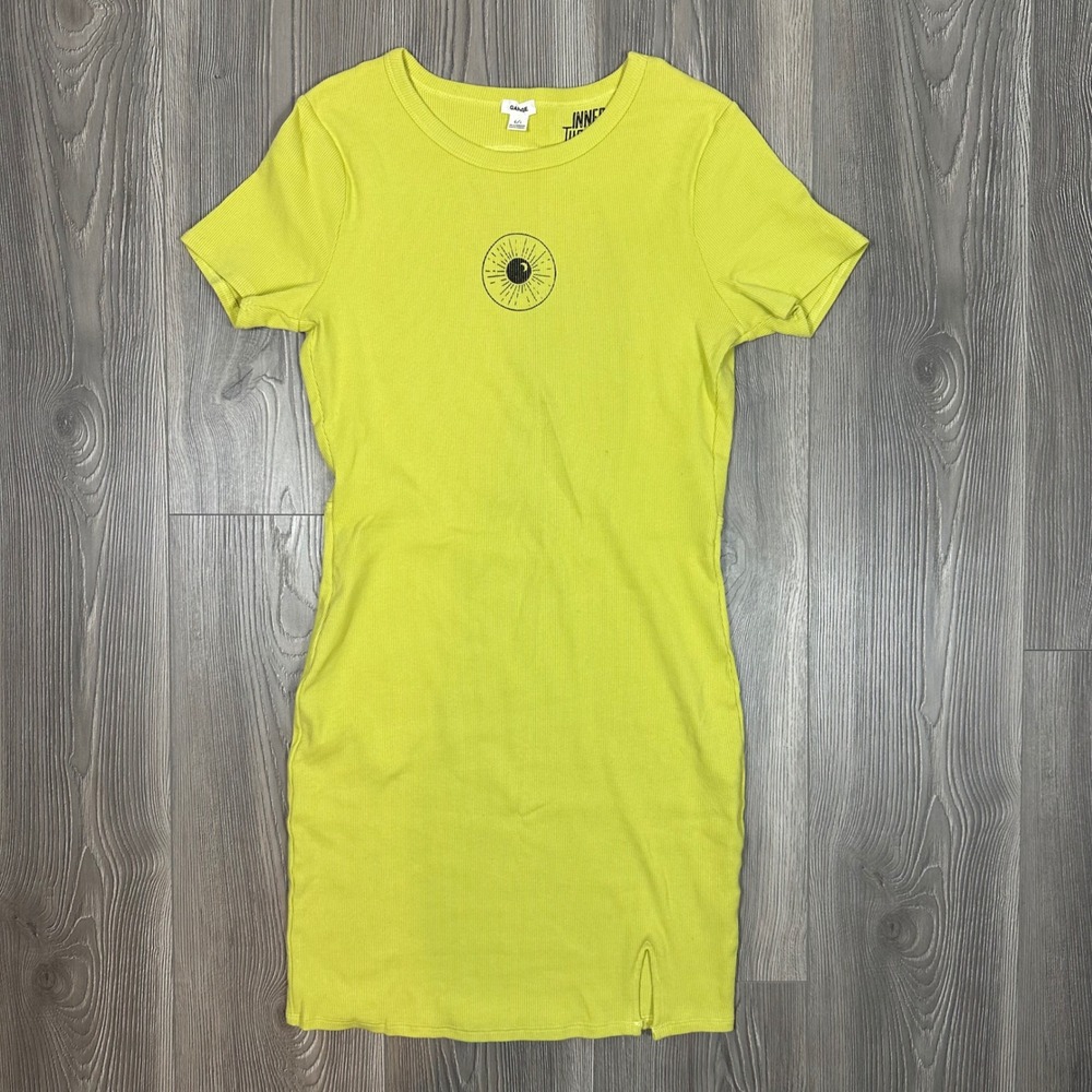Garage Upcycled Chartreuse Bodycon Ribbed Dress‎ with Back Cut Out and Slit Hem